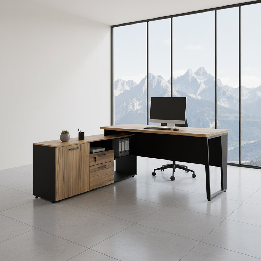 Mesa diretor dinâmica com armário com 1 gaveta, 1 gavetão pé trapézio