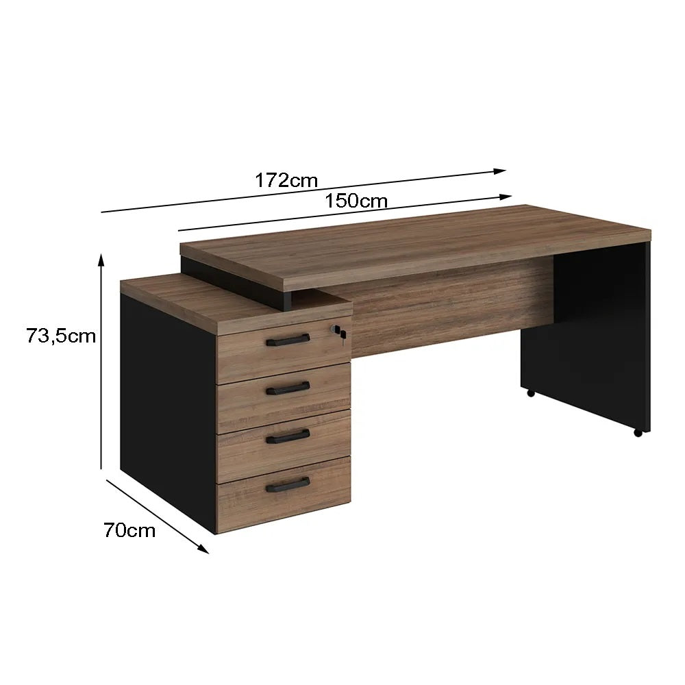Mesa de Escritório 172cm dinâmica com gaveteiro pedestal de 4 gavetas - Euro Croácia - 73,5AX150/172LX70P