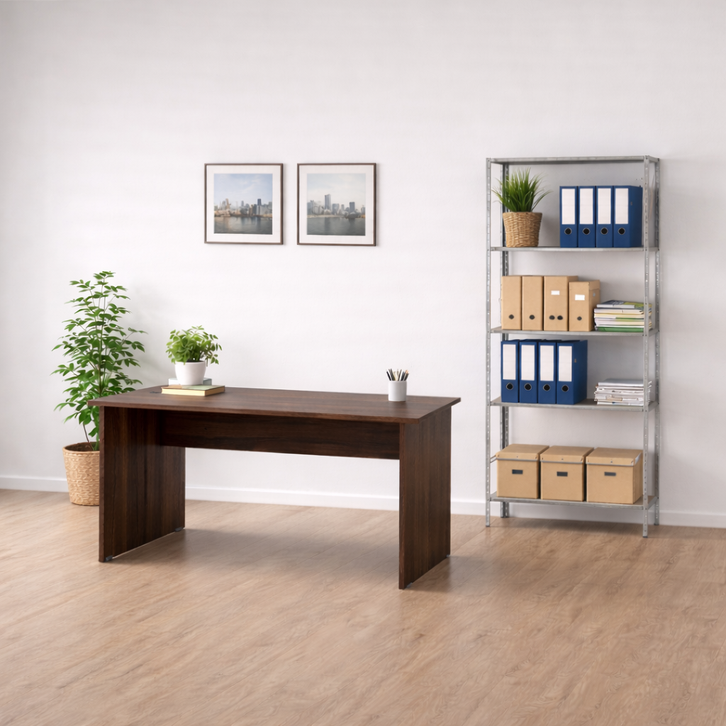Kit Promocional Estante de aço leve Com 6 Prateleiras 198cm x 92cm x 30cm - Amapá + Mesa de Escritório 90cm Pé Painel sem Gaveta com 1 passa fio nogueira - SM Super Light 15MM - 71AX90LX60P
