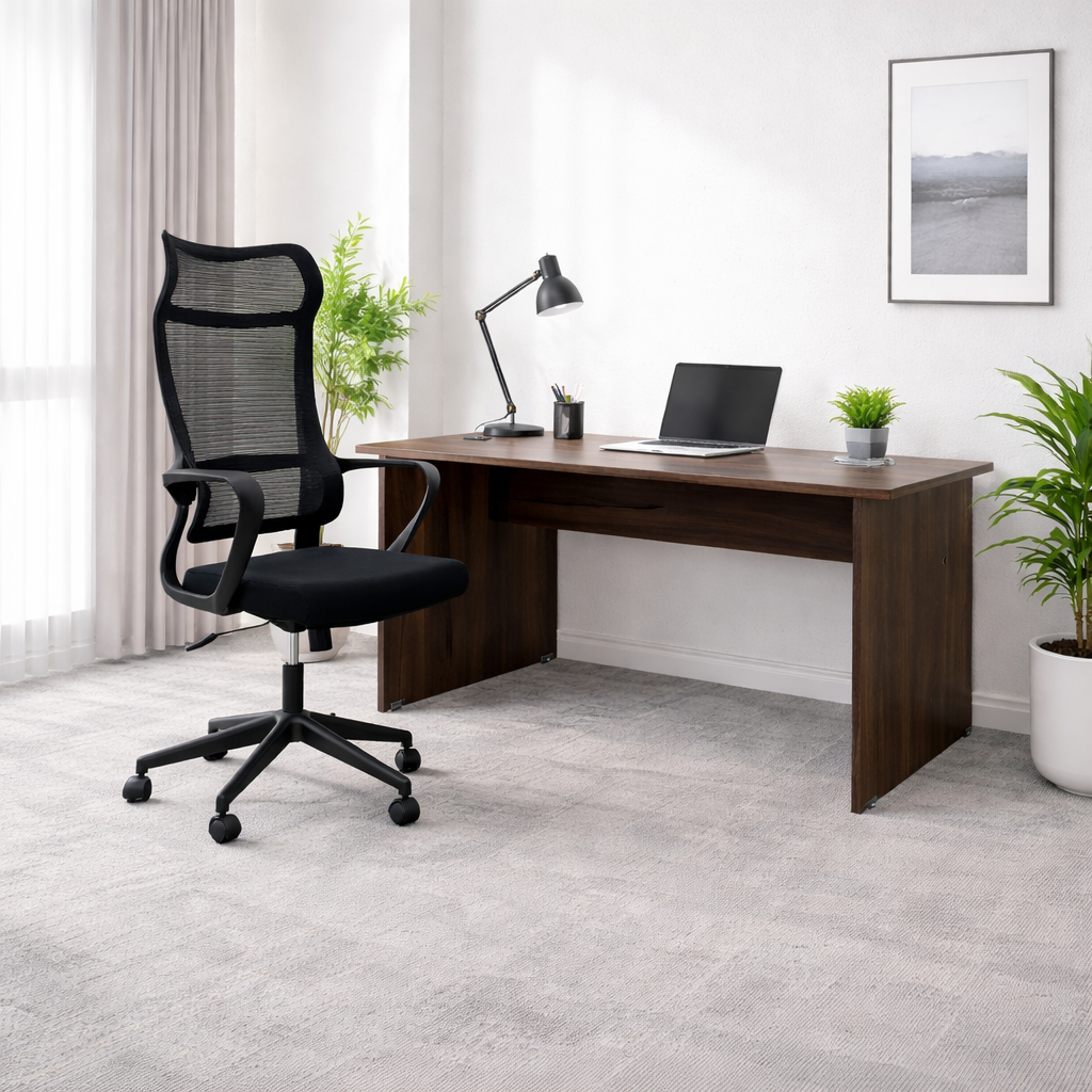 Kit Promocional Cadeira de Escritório Ergonômica Berlim + Mesa de Escritório 90cm Pé Painel sem Gaveta com 1 passa fio nogueira - SM Super Light 15MM - 71AX90LX60P