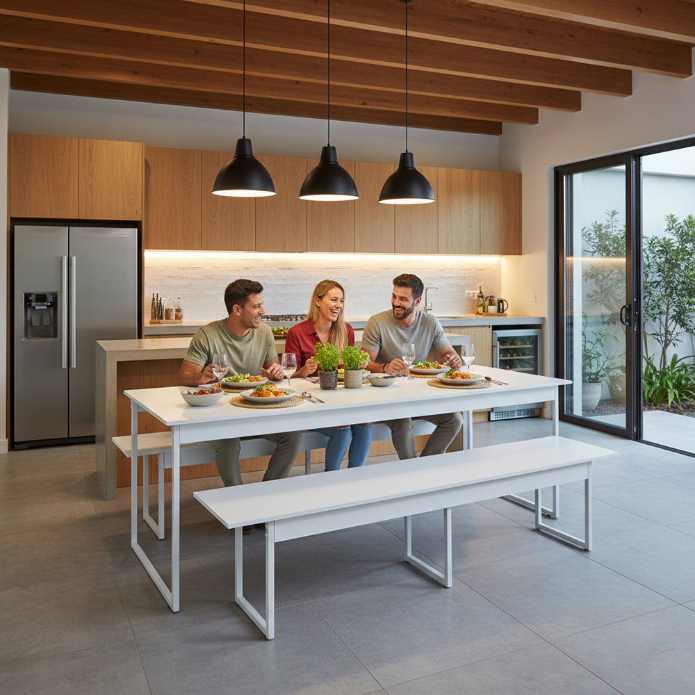 Mesa para Refeitório 6 Lugares c/2 Bancos 3 Lug. em MDF com Estrutura Metálica 180L x 72P