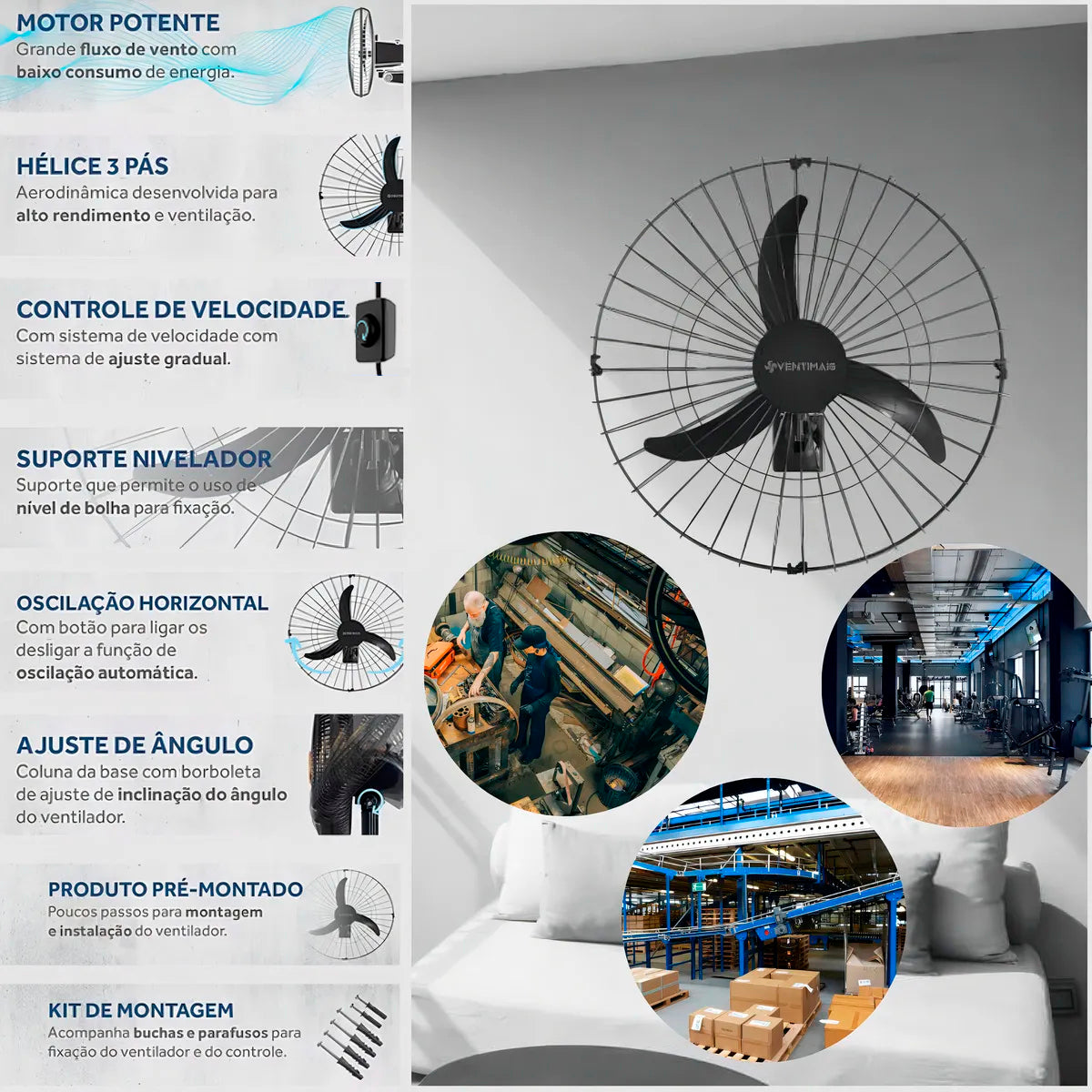 Ventilador de Parede 60CM BIVOLT 147W Preto - Otmo