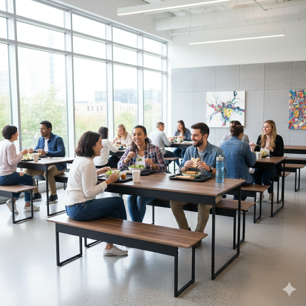 Mesa para Refeitório 4 Lugares c/2 Bancos 2 Lug. em MDF com Estrutura Metálica 135L x 72P