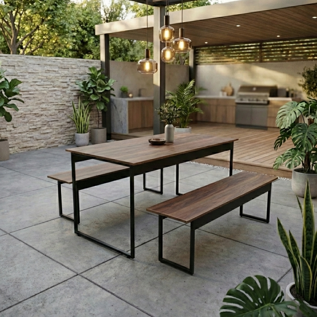 Mesa para Refeitório 4 Lugares c/2 Bancos 2 Lug. em MDF com Estrutura Metálica 135L x 72P