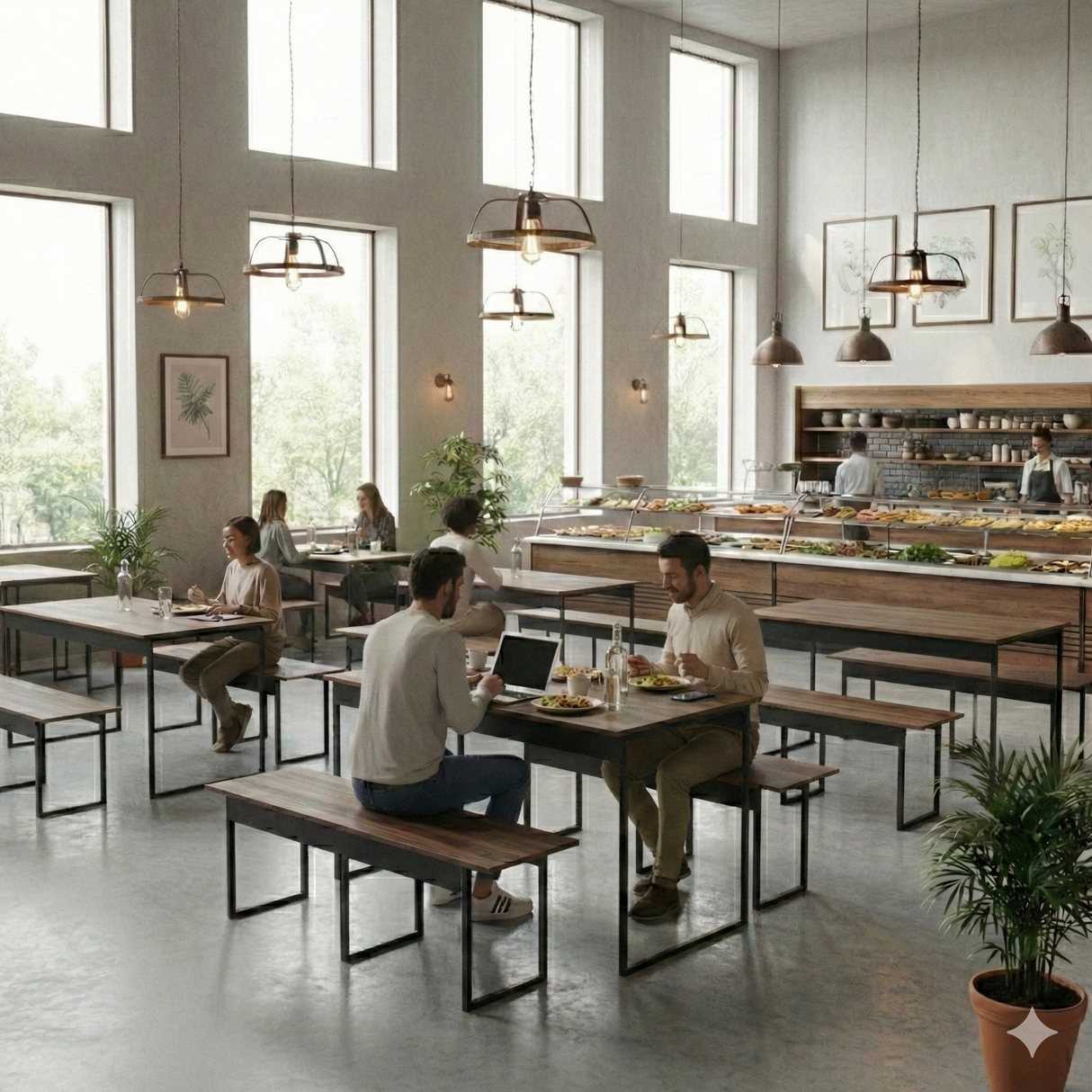 Mesa para Refeitório 6 Lugares c/2 Bancos 3 Lug. em MDF com Estrutura Metálica 180L x 72P