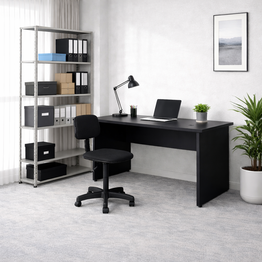 Kit Promocional Estante de aço leve Com 6 Prateleiras 198cm x 92cm x 30cm - Amapá + Mesa de Escritório Preta 100cm Pé Painel - SM Beta - 73Ax100Lx60P + Cadeira de Escritório secretária giratória preta 258 em tecido sem braço - Toscana