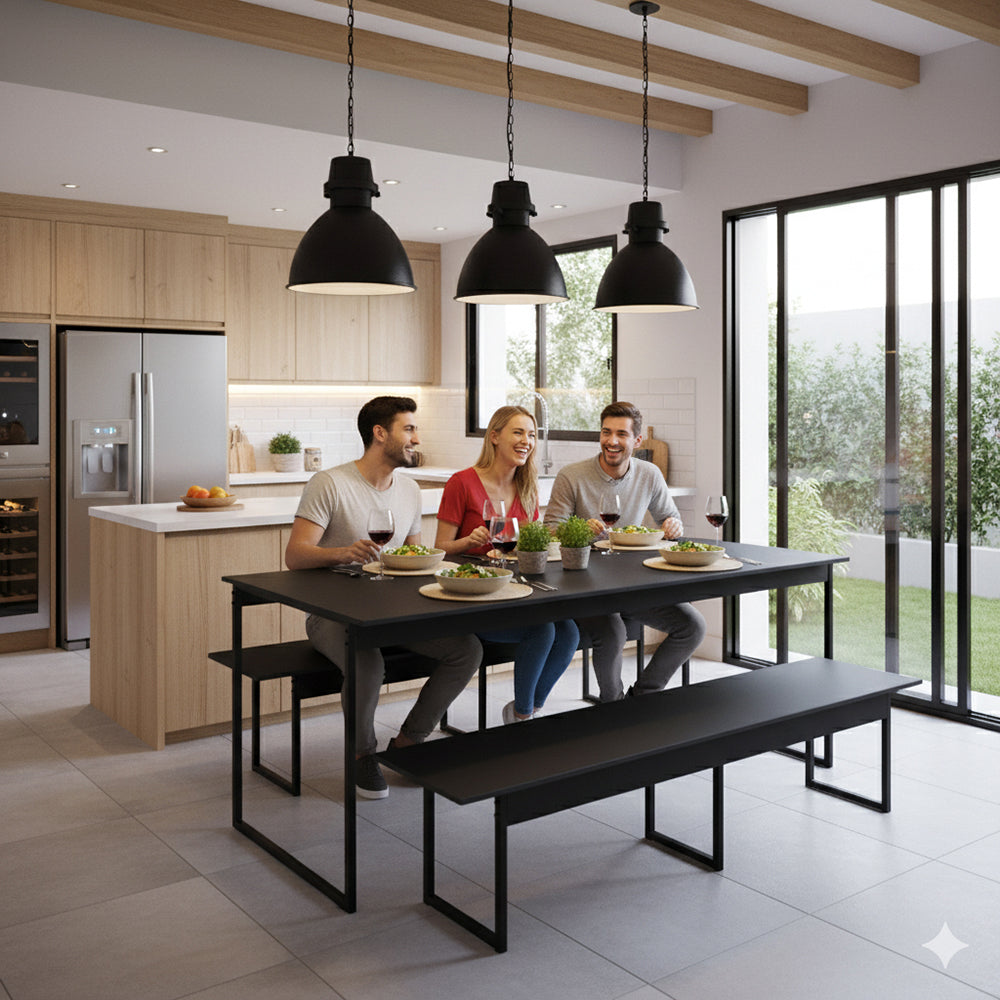 Mesa para Refeitório 6 Lugares c/2 Bancos 3 Lug. em MDF com Estrutura Metálica 180L x 72P