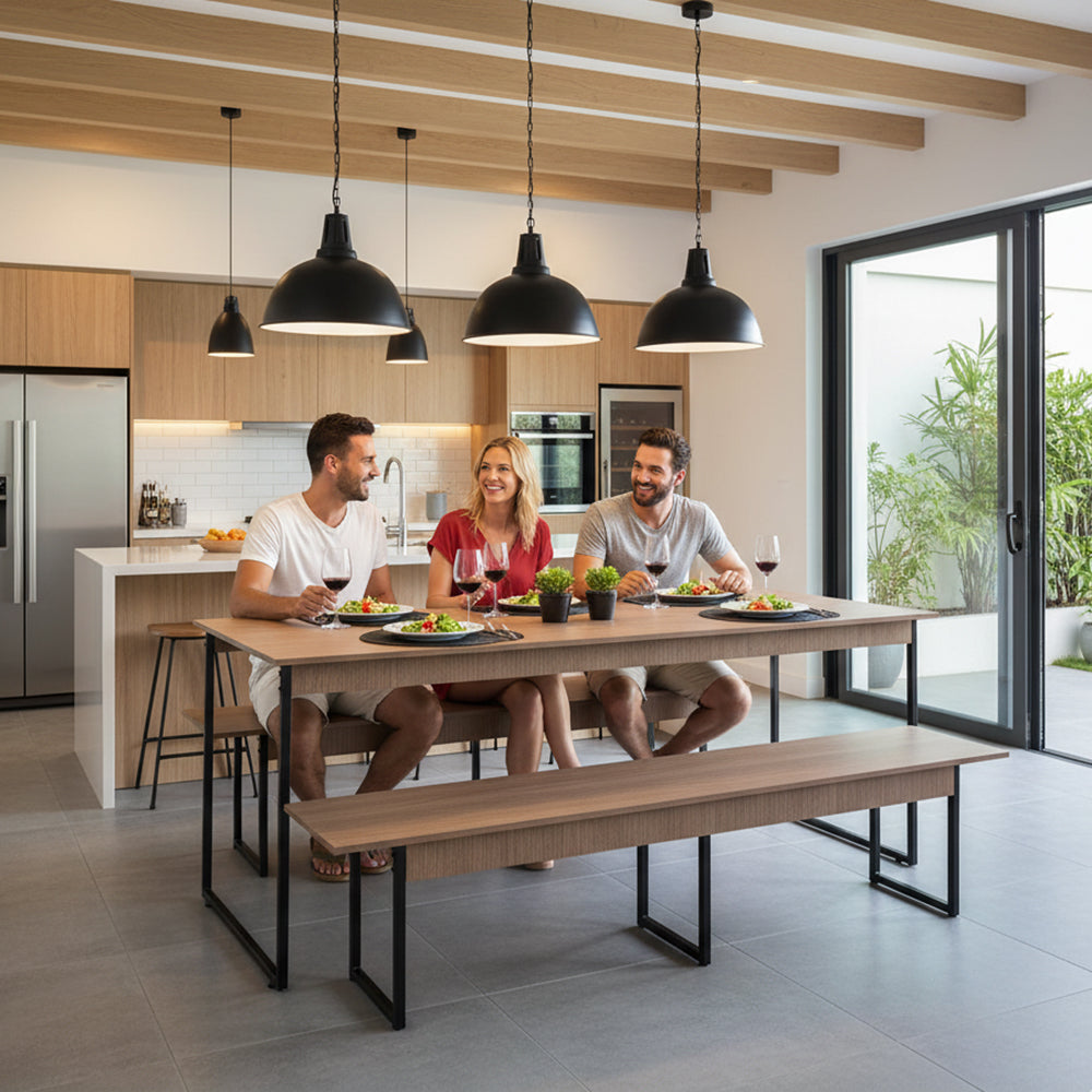 Mesa para Refeitório 6 Lugares c/2 Bancos 3 Lug. em MDF com Estrutura Metálica 180L x 72P